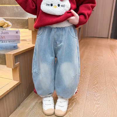 立体蝴蝶结小兔女童加绒牛仔裤子