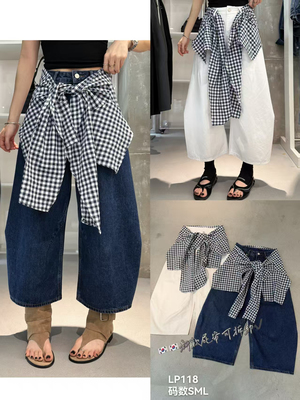 十三行欧货女装EMPRESS可拆卸格子屁帘牛仔裤女高腰显瘦七分裤子