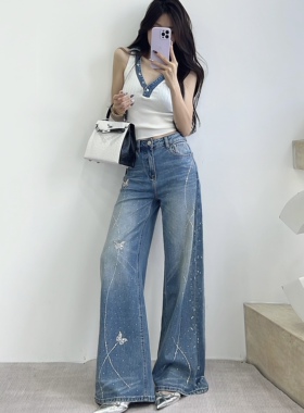 十三行欧货女装MK-MZ春季新款重工流星烫钻蝴蝶结直筒牛仔裤子女