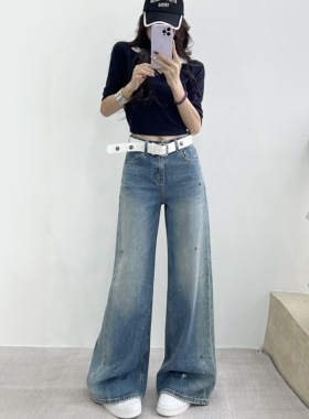 十三行欧货女装MK-MZ春季新款轻奢烫钻铆钉高腰显瘦阔腿牛仔裤女