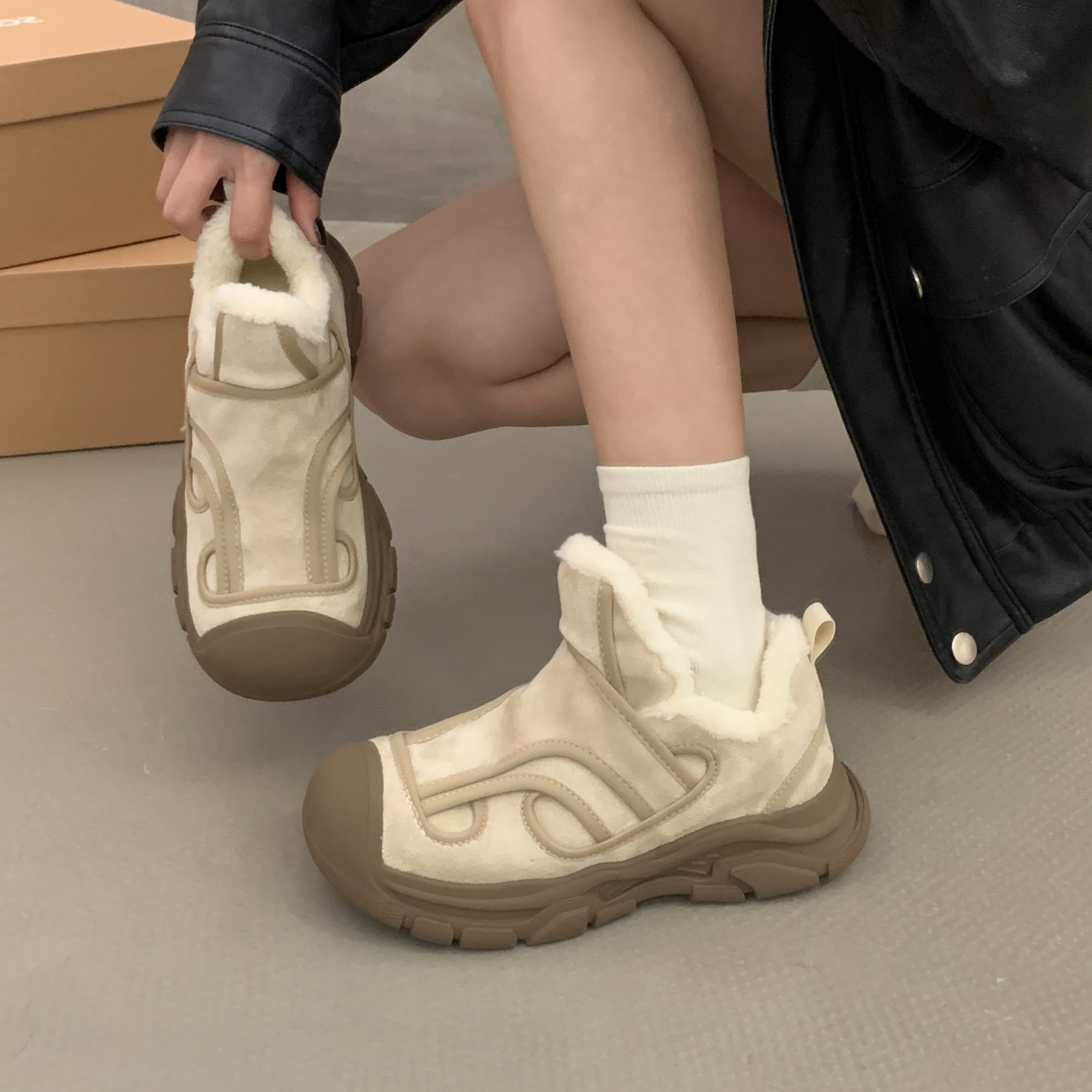 SGIRL TWTW一脚蹬厚底老爹鞋女大头丑萌冬季加绒百搭休闲运动鞋潮