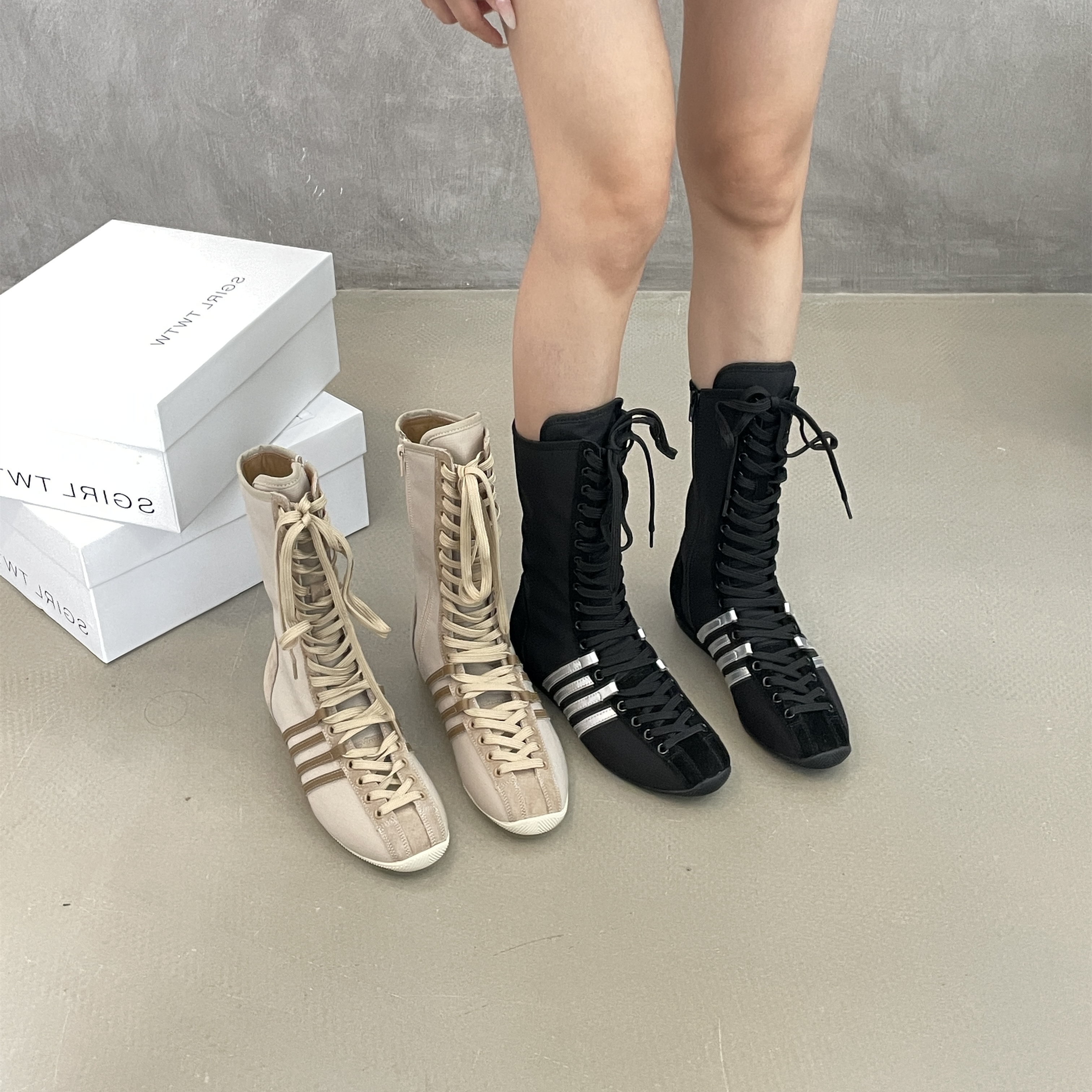 SGIRL TWTW高帮德训鞋女2025秋新款ins平底拳击鞋百搭休闲马丁靴