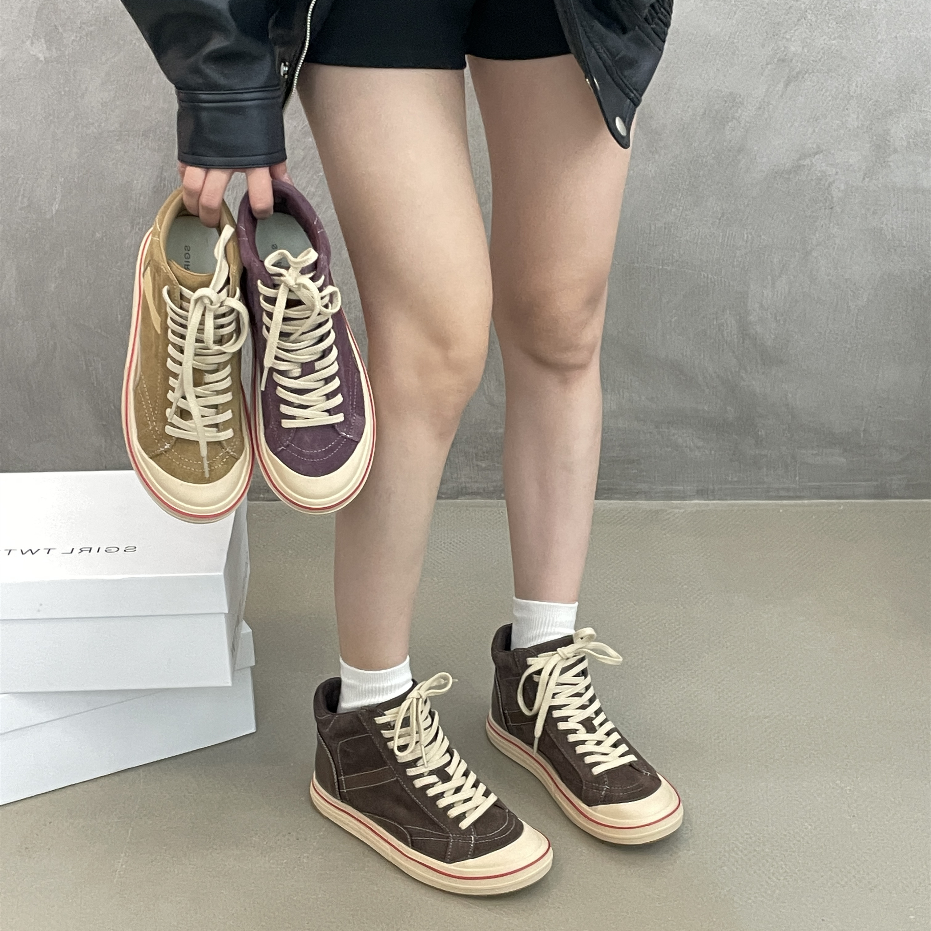 SGIRL TWTW复古圆头高帮帆布鞋女2025秋简约百搭系带透气休闲鞋潮