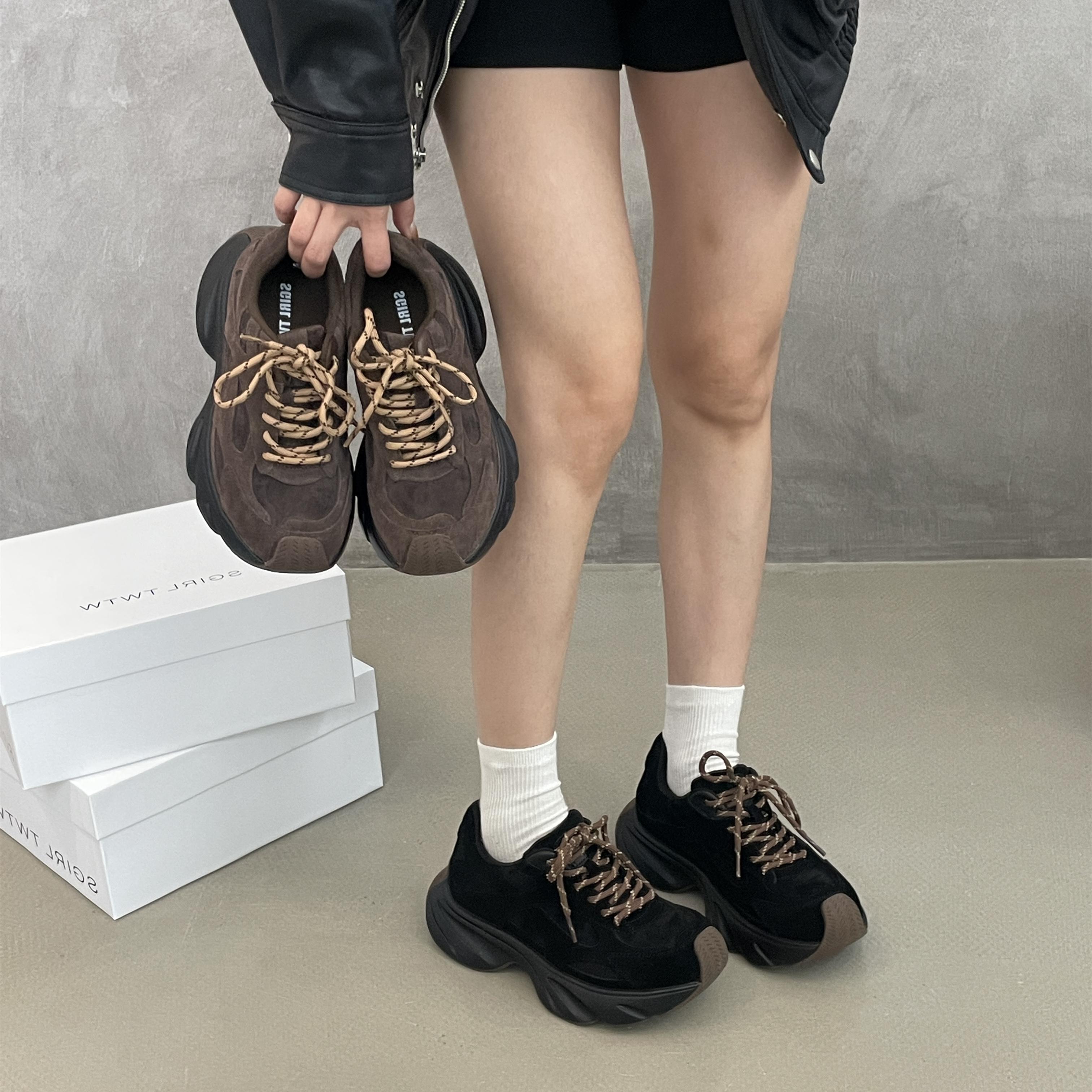 SGIRL TWTW复古风系带厚底老爹鞋女2025秋冬圆头增高休闲运动鞋潮