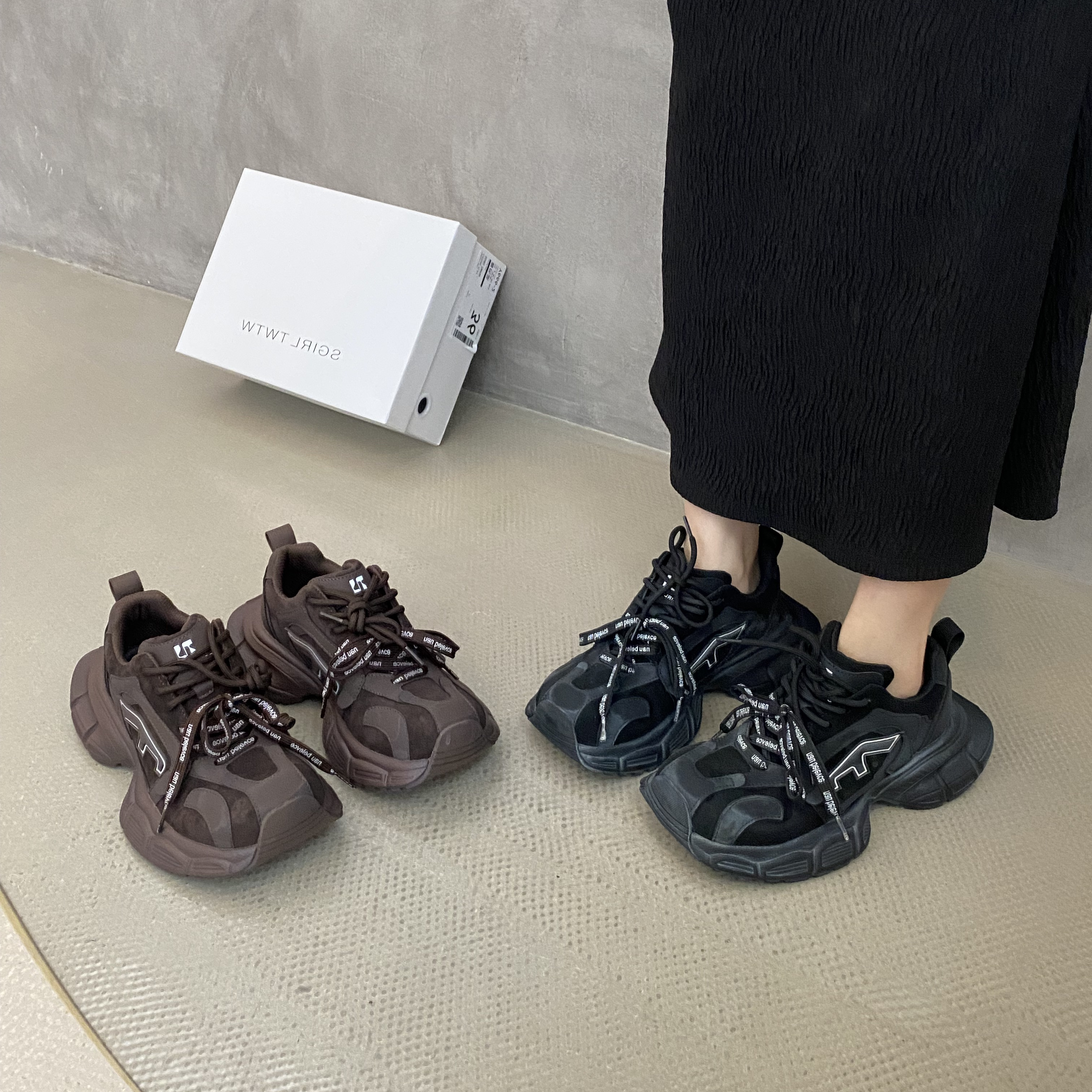 SGIRL TWTW韩版双鞋带大头老爹鞋女2025新款厚底潮酷休闲运动鞋潮