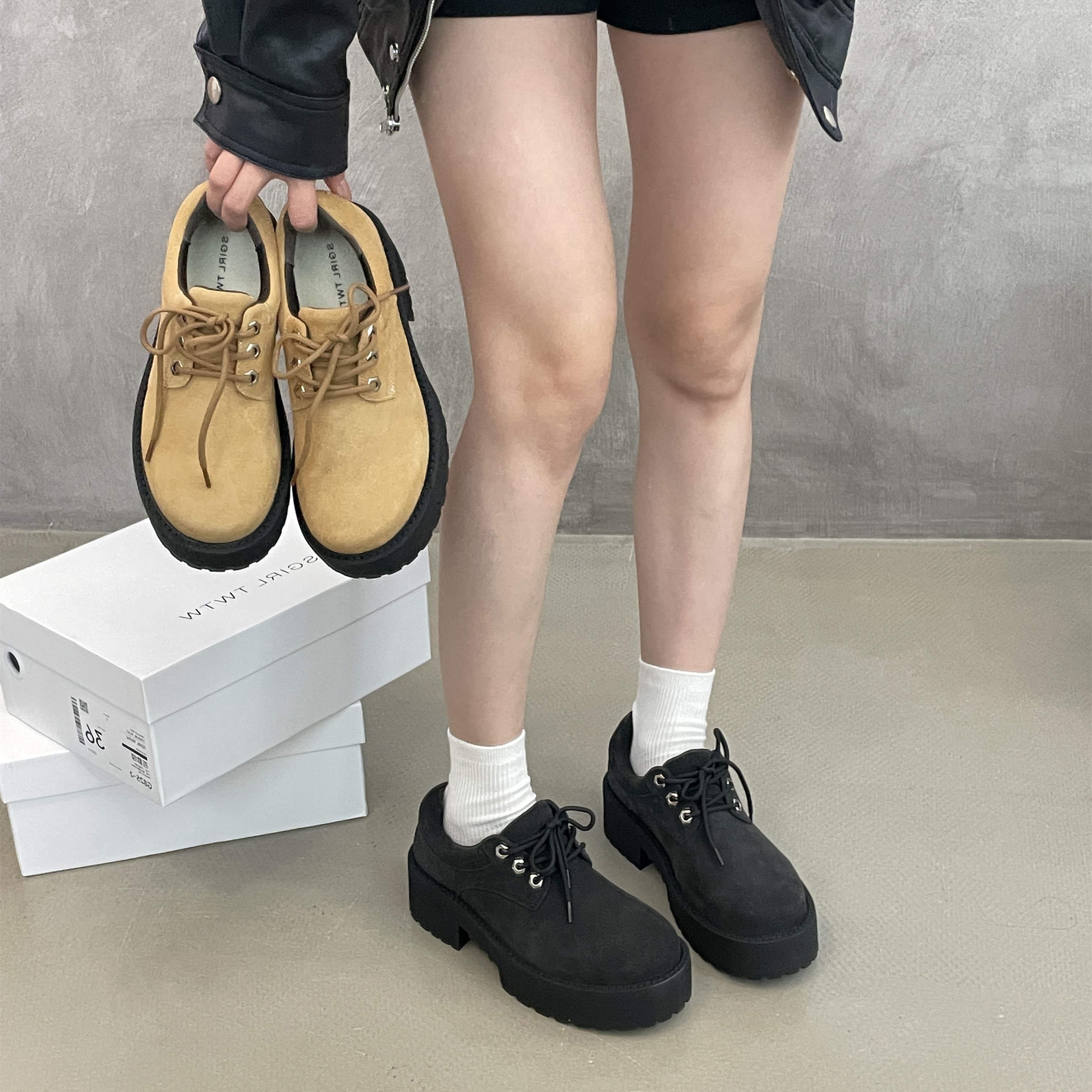 SGIRL TWTW秋季复古大头乐福鞋女粗跟厚底系带圆头黄色德比小皮鞋