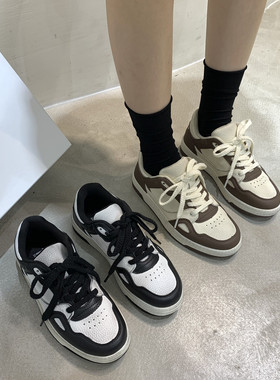 TWTW韩版真皮运动鞋女ins潮小众拼色软底板鞋百搭系带圆头休闲鞋