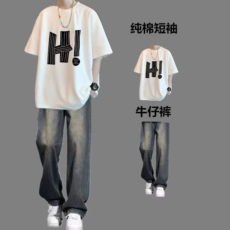 美式高街短袖t恤男生夏季套装ins潮牌高级感青少年酷帅穿搭一整套