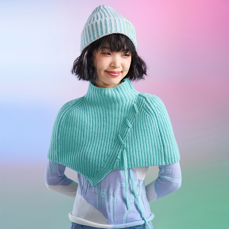 时尚个性穿绳高领纯羊毛披肩