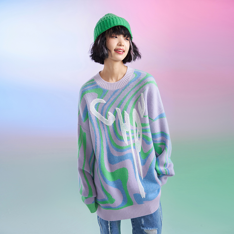 绣花羊绒衫宽松圆领针织衫毛衣