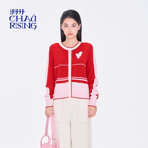 CHAU.RISING/洲升2025春季新款爱心撞色羊绒圆领针织开衫上衣女士