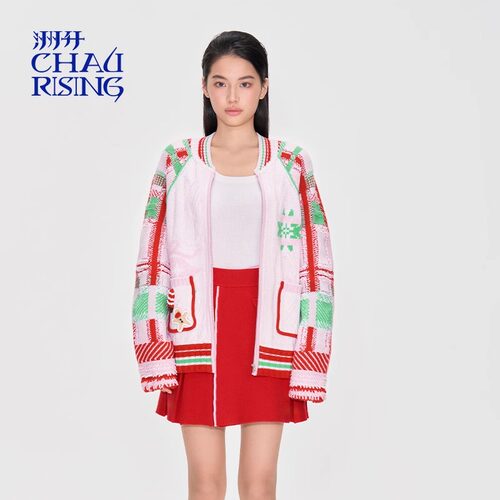 【明星同款】洲升/CHAU.RISING冬季新款圣诞撞色羊毛拉链开衫上衣