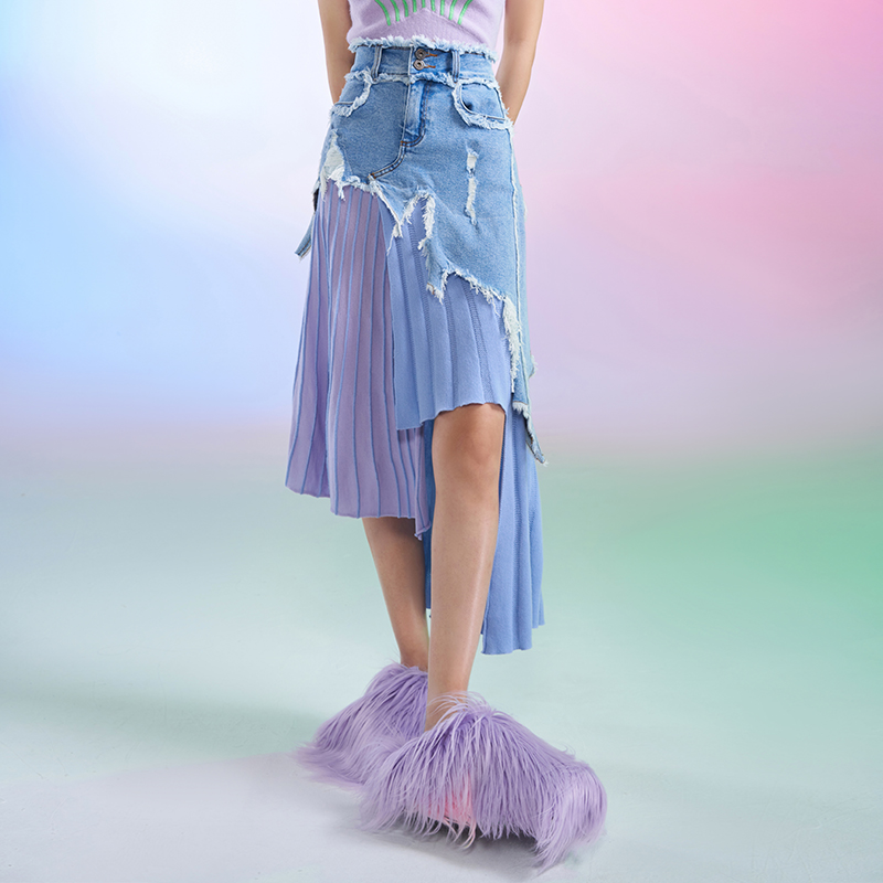 个性百搭牛仔拼接羊毛半裙