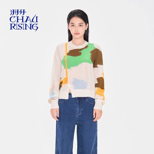 CHAU.RISING/洲升2025春季新款三花猫嵌色羊绒薄套头针织衫上衣女