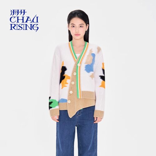 CHAU.RISING/洲升2025春季新款假两件三花猫羊毛开衫针织上衣女士