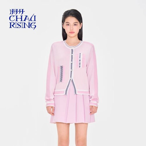 CHAU.RISING/洲升2025春季新款粗细针拼接羊毛箱型开衫上衣女