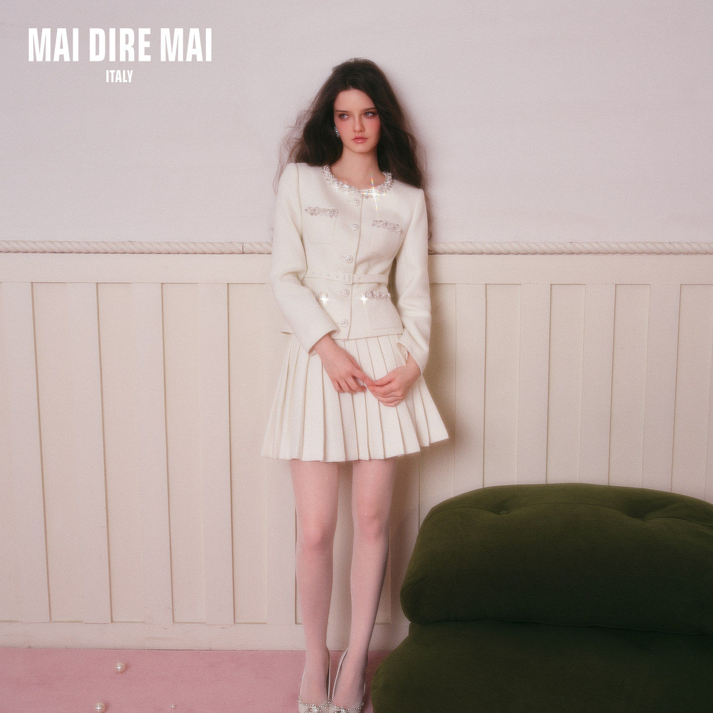 MAI DIRE MAI珍珠亮片圆领长袖腰带羊毛外套高腰百褶半裙女冬套装,女装/女士精品,时尚套装,淘宝优惠券,粉丝福利购,淘宝优惠卷