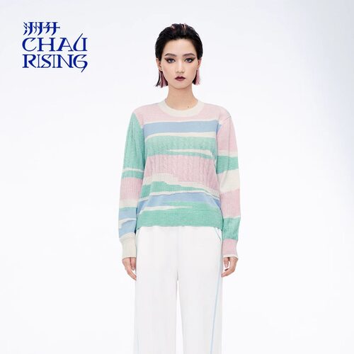 洲升/CHAU.RISING冬季新款几何条纹拼色羊绒套头衫长袖上衣女