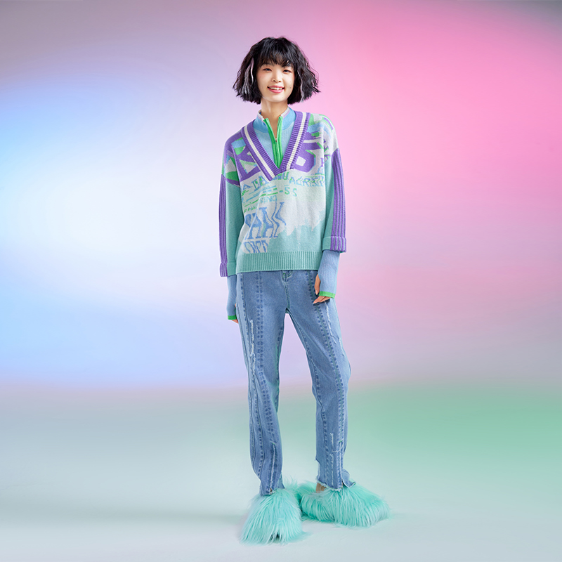 个性拼接撞色半高领滑雪羊绒衫