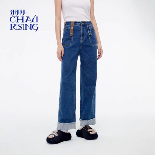 洲升/CHAU.RISING秋冬新款翻边显瘦休闲直筒阔腿牛仔长裤设计师