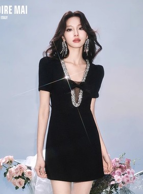 MAI DIRE MAI深v领钻链蝴蝶结高腰气质优雅连衣裙女春夏短袖显瘦