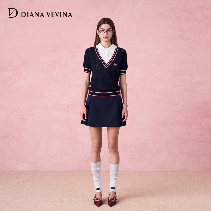 钟欣潼同款DIANAVEVINA25秋新款时尚套装女假两件V领毛衣半裙
