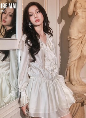 MAI DIRE MAI优雅气质荷叶领珠链长袖高腰花苞袖连衣裙女秋冬显瘦