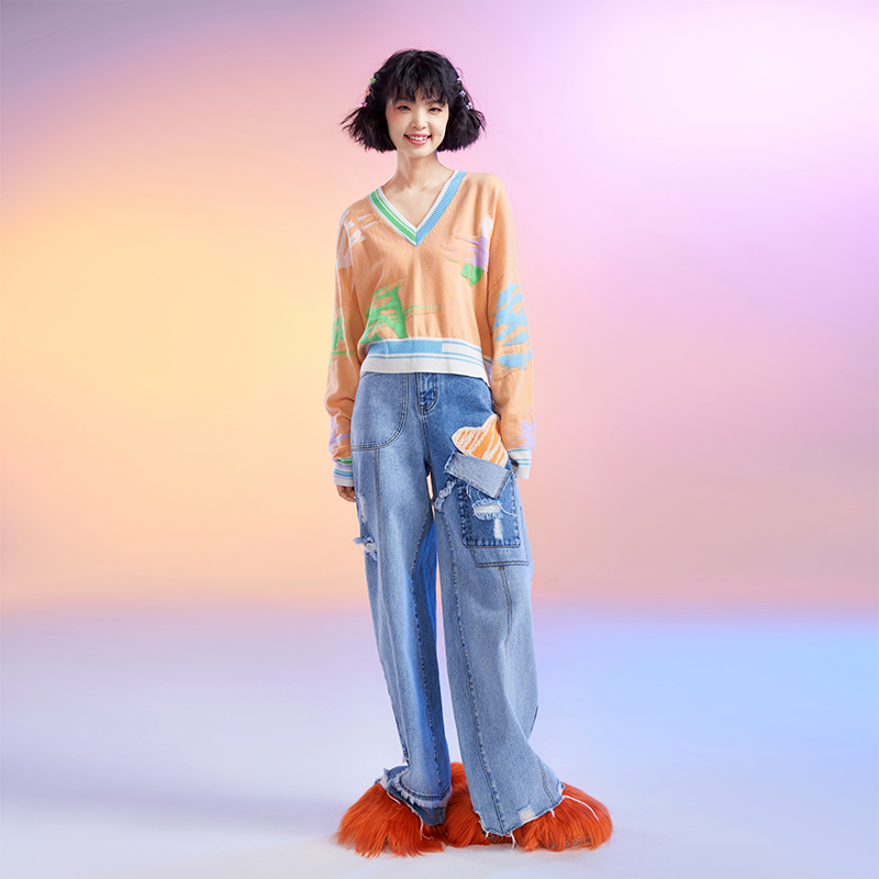 撞色V领休闲宽松纯山羊绒女衫