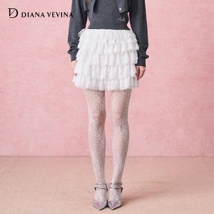 DIANAVEVINA2025秋季 A字女梦幻甜美白色蕾丝网纱蛋糕短裙 新款 时尚