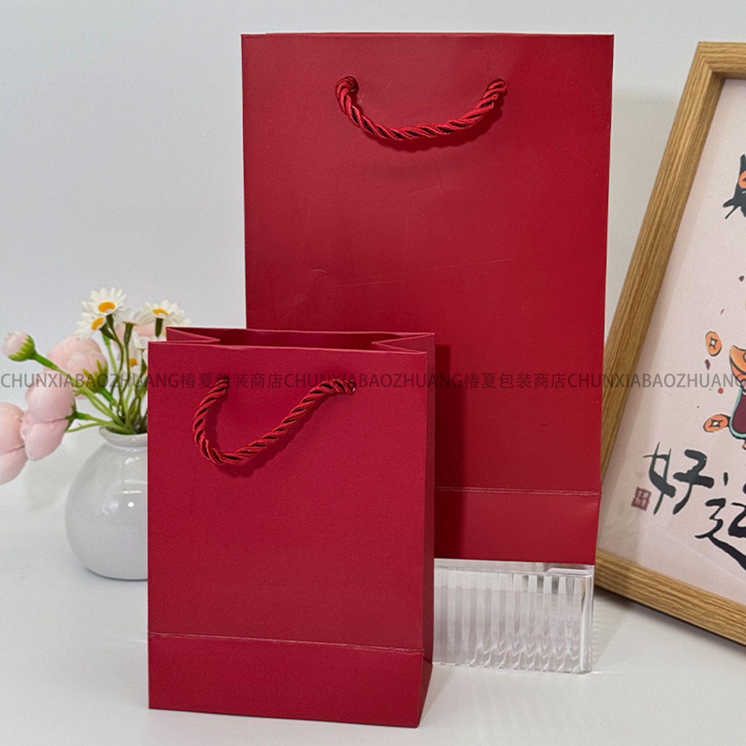 红色纸手提袋礼品袋包装袋节日送礼袋子高档三股绳礼品袋可印logo