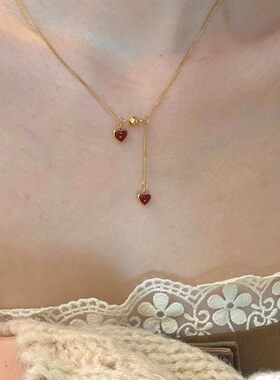 法式复古双爱心抽拉锁骨链