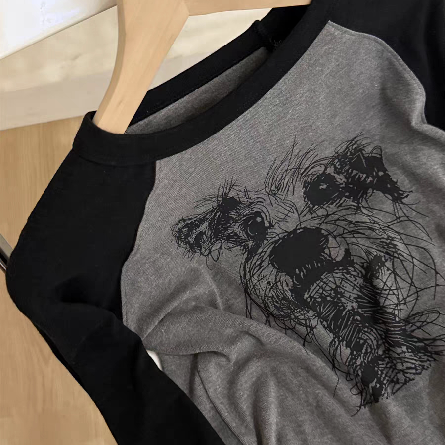 线条小狗超软弹显瘦灰色插肩袖长袖T恤春秋男女设计印花百搭上衣