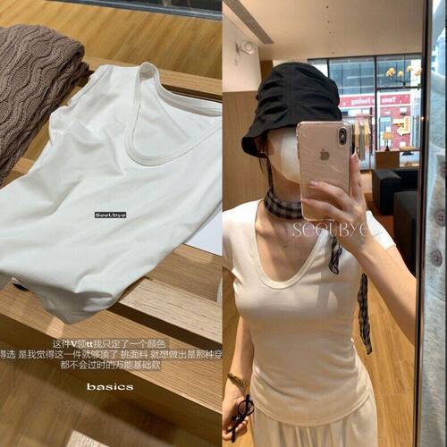 鹅蛋领短袖背心女夏季新款修身显瘦弹力百搭基础款纯色上衣