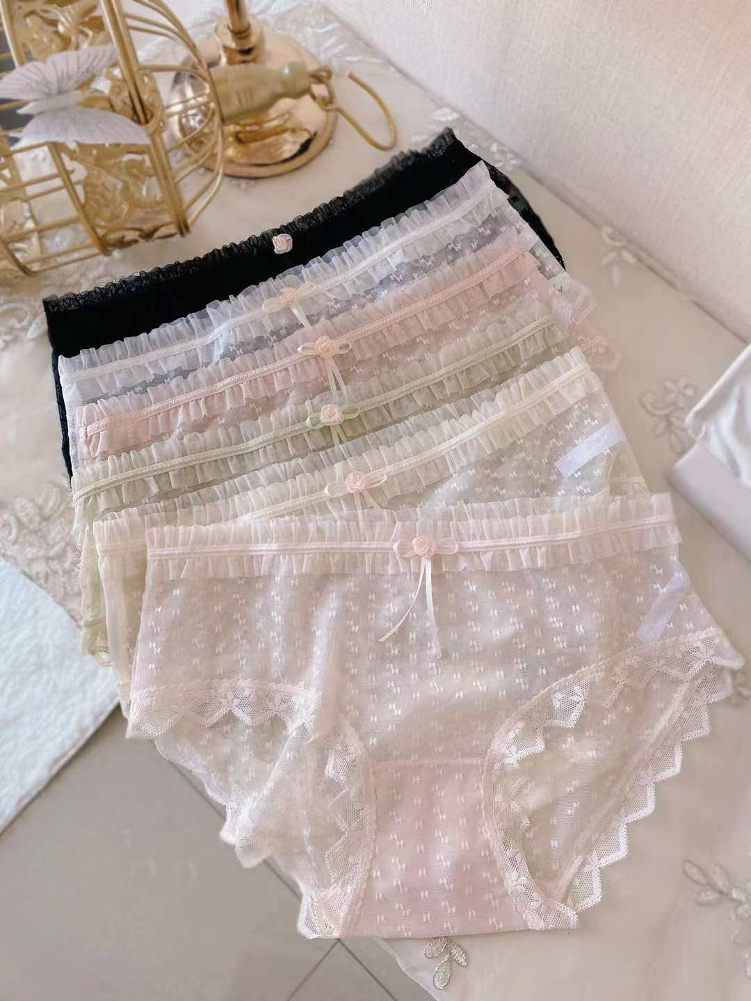 唯爱猫咪5138女蕾丝内裤日系清新提花腰头波浪褶皱三角裤棉裆网纱