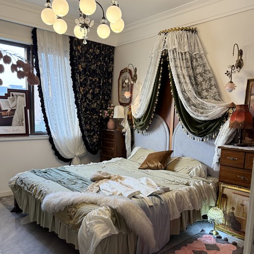 床幔法式复古墨绿色宫廷风蕾丝花边公主风床头遮挡帘防尘罩床帘