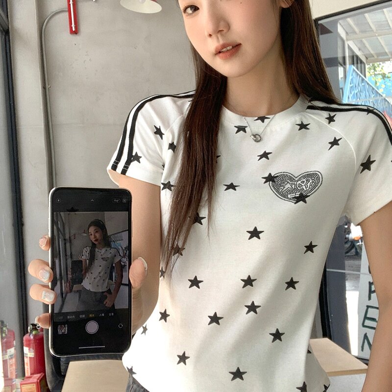 白色美式复古撞色印花星星织带插肩袖短袖T恤女夏季新款修身上衣