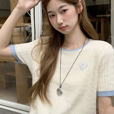 爱心刺绣针织撞色短袖T恤女