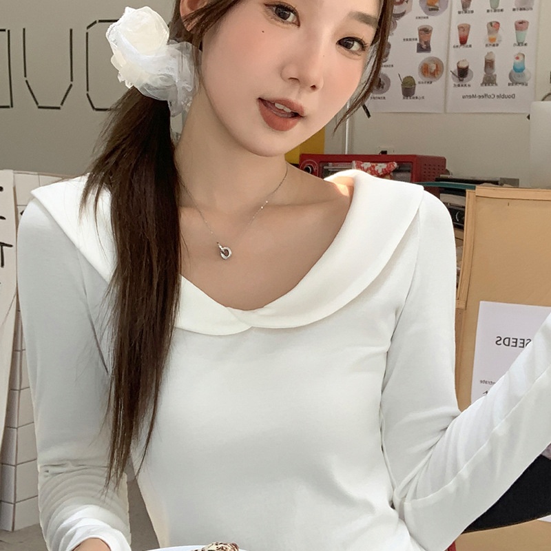 新款ins风纯色娃娃领甜美减龄长袖通勤T恤女2025秋季韩系掐腰显瘦