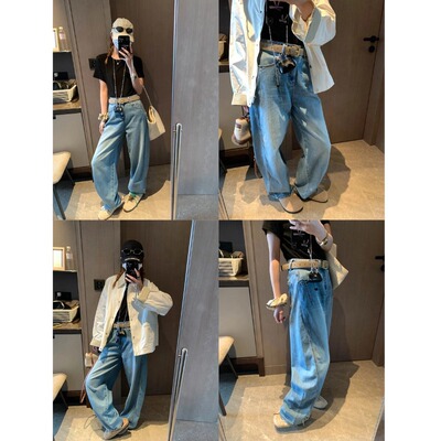 摩且 随性出街 美式复古水洗浅蓝高腰显瘦弯刀阔腿牛仔裤 MQ1181