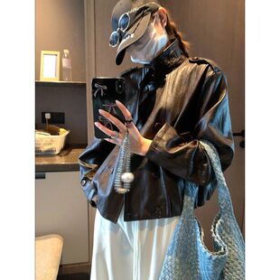 摩且 英伦腔调 韩版气质百搭休闲宽松立领双排扣皮衣外套 MQ1190