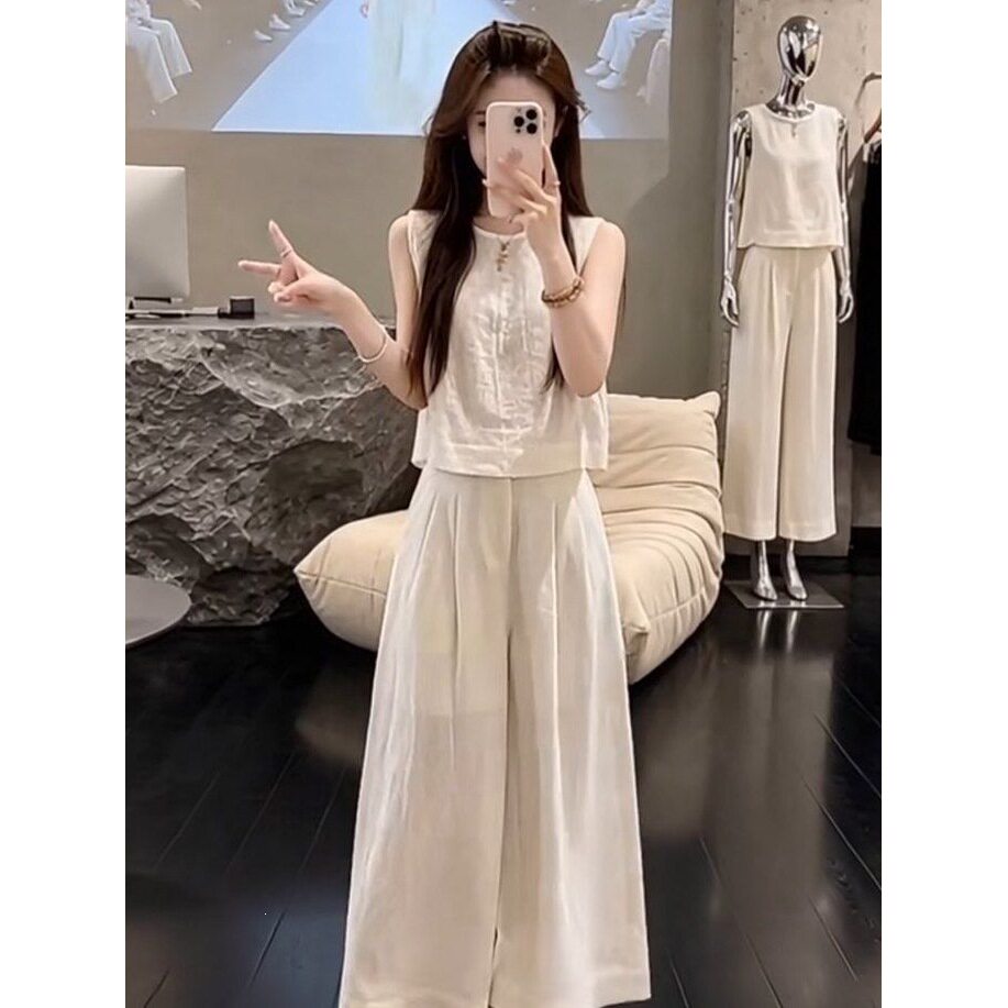 2026夏季新款小个子百搭洋气无袖背心上衣女高腰直筒阔腿裤两件套
