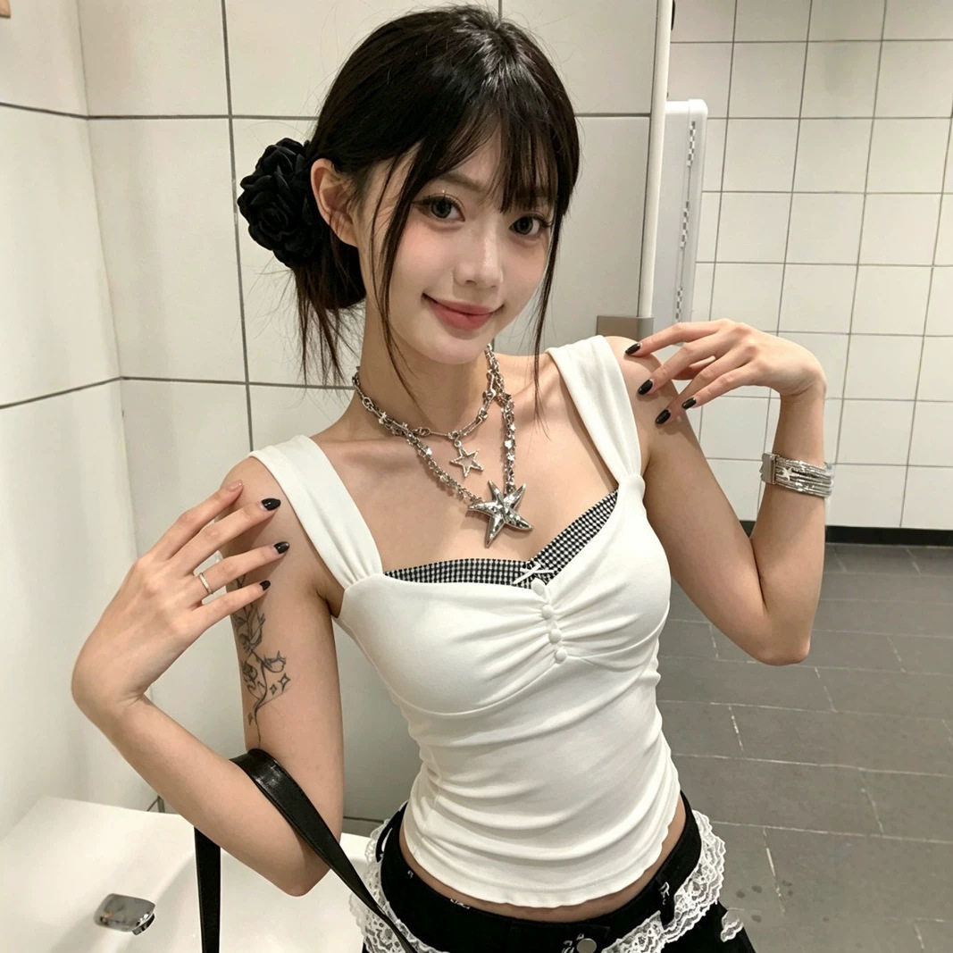 设计感拼接撞色假两件蝴蝶结吊带背心女夏修身外穿白色辣妹上衣潮
