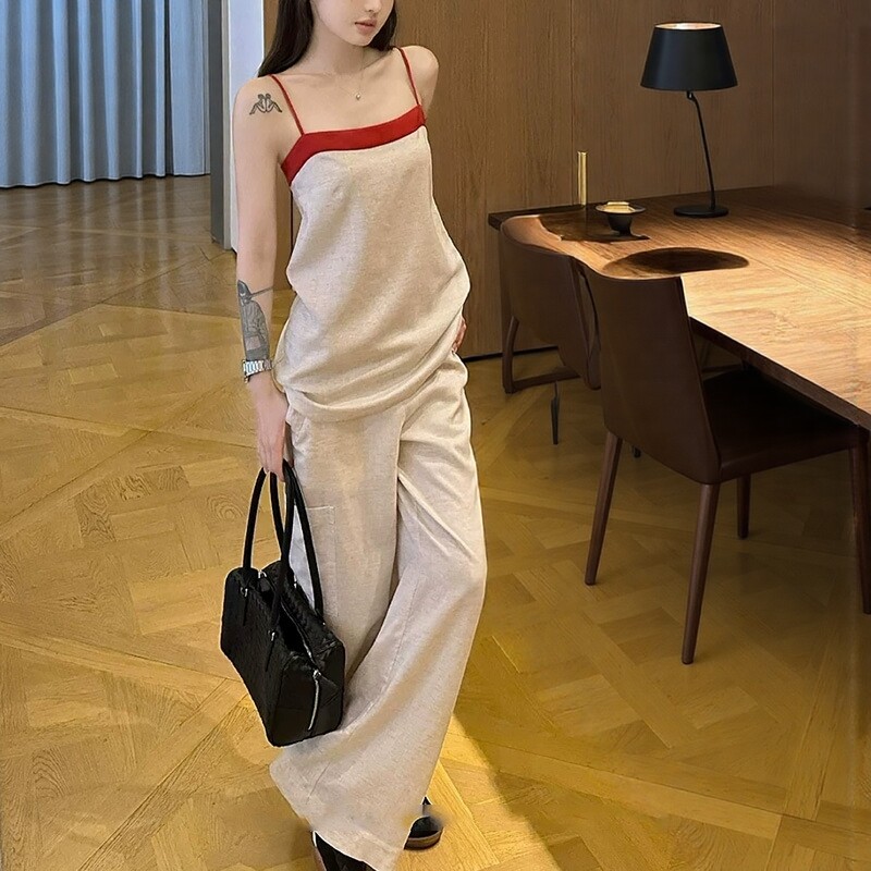 百搭随性天丝亚麻外穿吊带背心女夏季休闲风直筒宽松百搭长裤套装