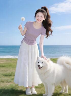 巨好看穿搭一整套女装2026夏季新款浅紫色上衣白色半身裙温柔套装