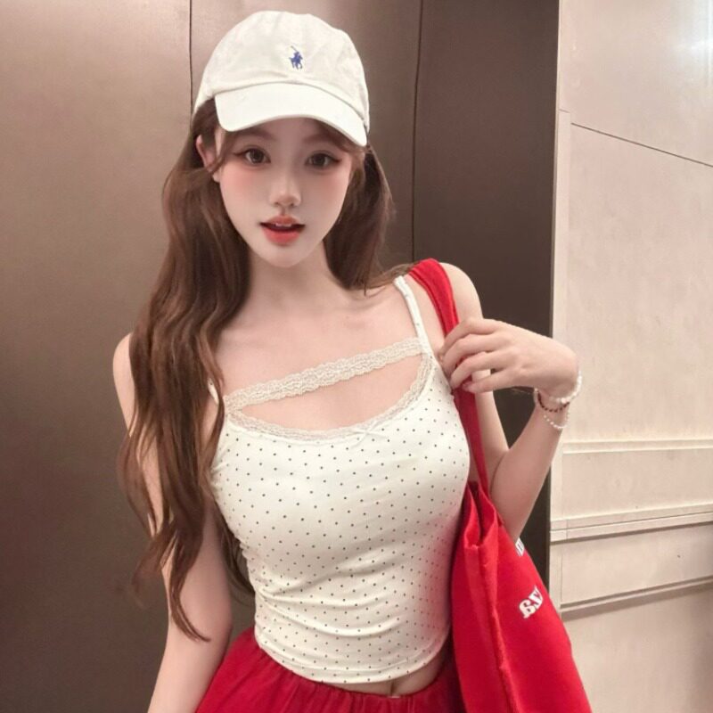 辣妹风镂空蕾丝边波点吊带背心女夏季新款设计感修身百搭打底上衣