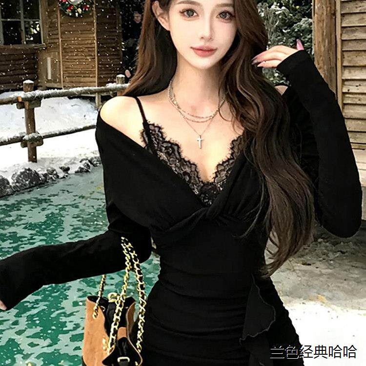 性感纯欲风蕾丝拼接长袖