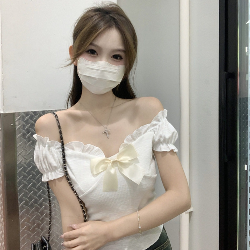 夏季一字领蝴蝶结拼接V领短袖T恤时尚辣妹修身百搭小个子上衣ins