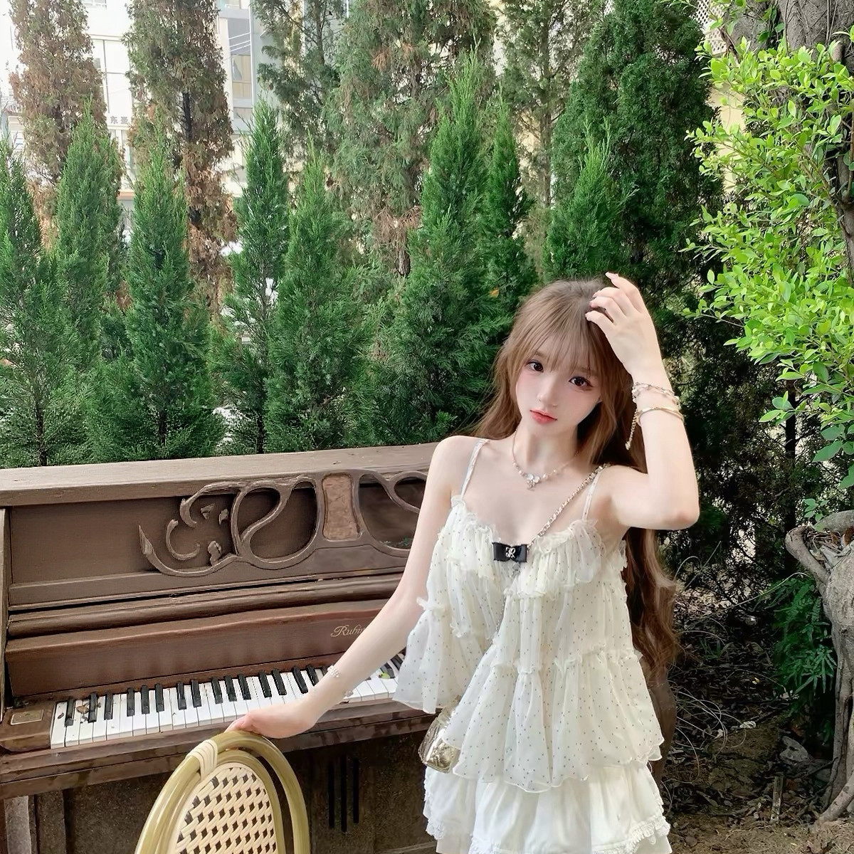 NEWPPS-上新甜美波点吊带蛋糕蝴蝶结拼接少女感背心(不含下装)449