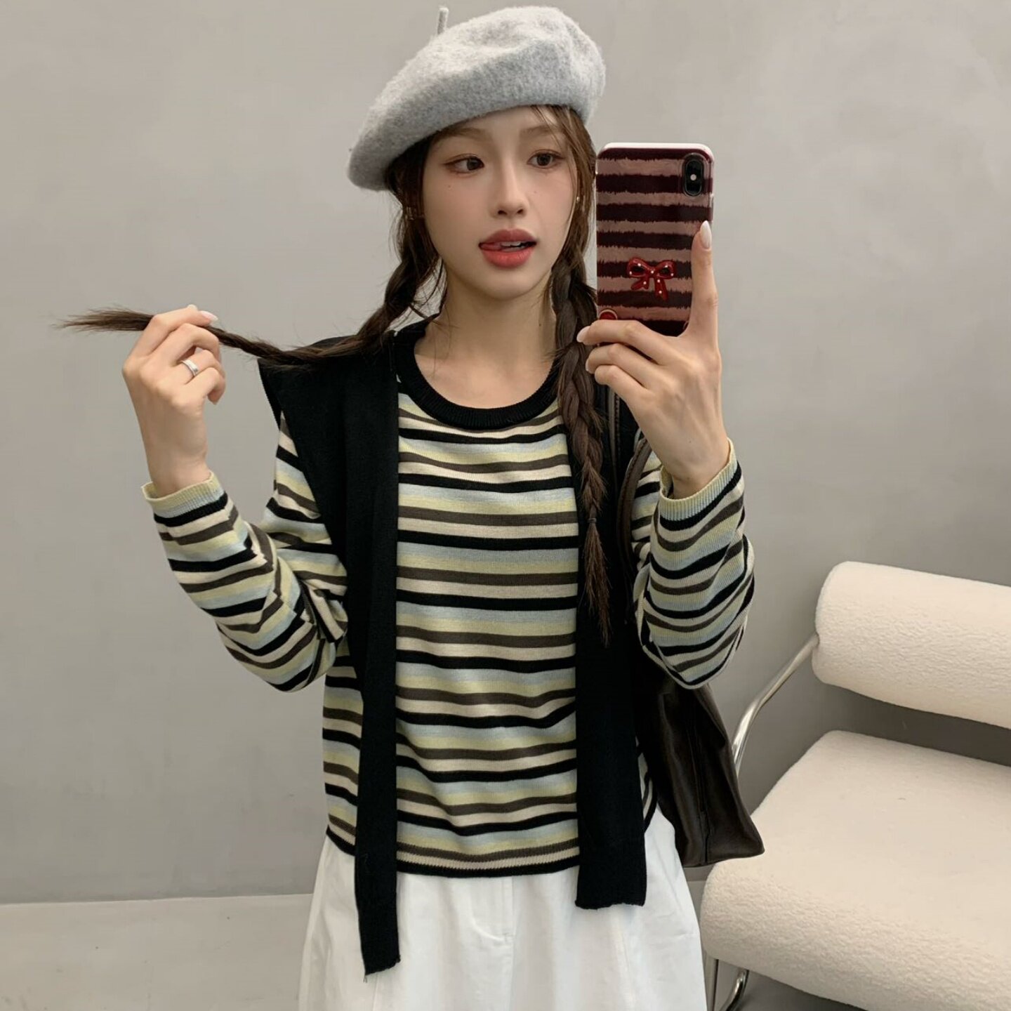 2025新款韩系两件套条纹针织衫女长袖修身显瘦内搭打底衫上衣毛衣