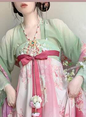 正版汉服仙气飘飘春夏季桃红柳绿唐制齐胸襦裙粉色套装